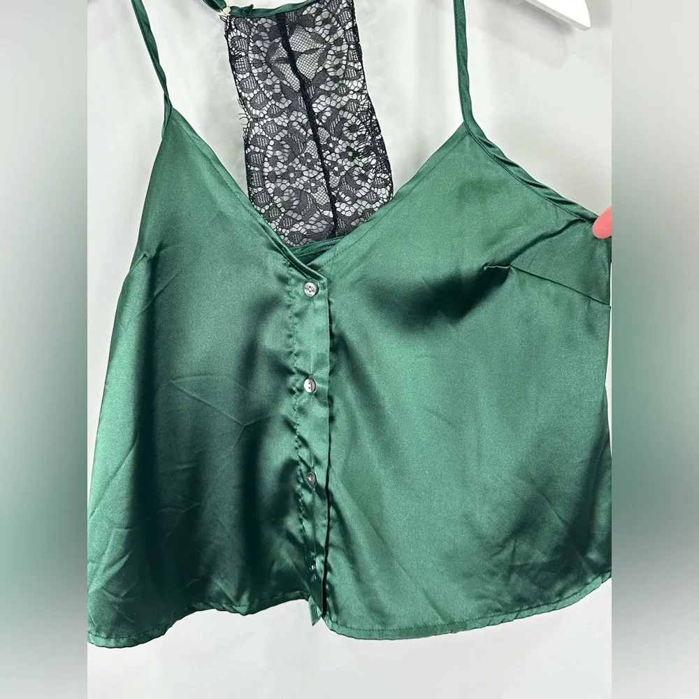 ROMA Confidential Emerald Button Down Lace Cropped Cami Sleep Pajamas Small